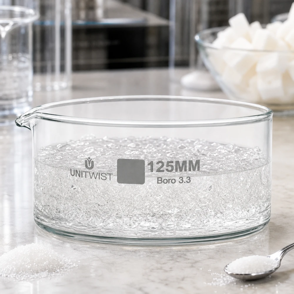 Coupelle de cristallisation ø 125 mm en verre borosilicaté UNiTWIST, de forme plate et de grand diamètre