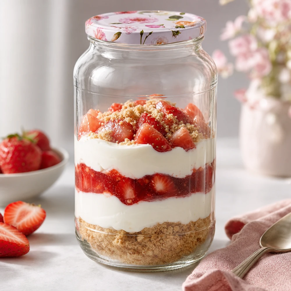 Pot rond de 1062 ml + couvercle BasicSeal rose fleur UNiTWIST Dessert stratifié en pot rond de 1062ml avec couvercle à fleurs roses Fraises Crème Fond de Biscuit Fermeture BasicSeal Dessert