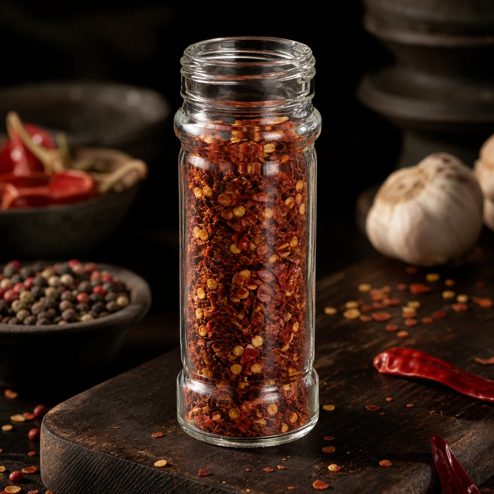 Verre cylindrique transparent « Mary » de 41 mm, fileté, garni de flocons de piment rouge, posé sur une planche en bois foncé