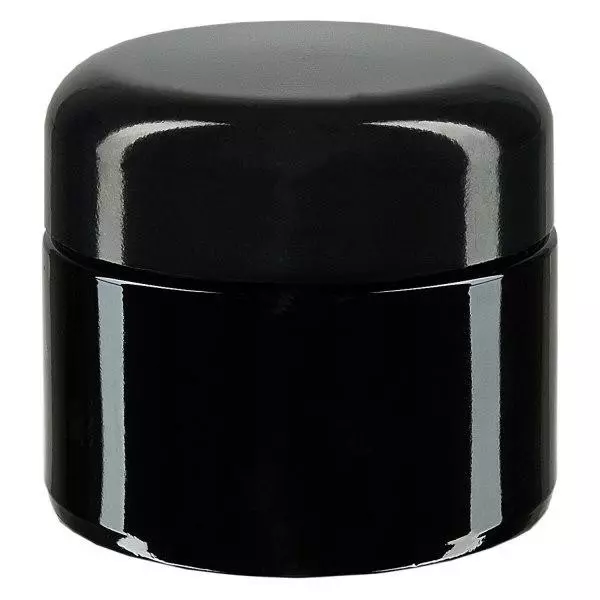 Boîte cosmétique en verre violet 50ml, avec couvercle noir.