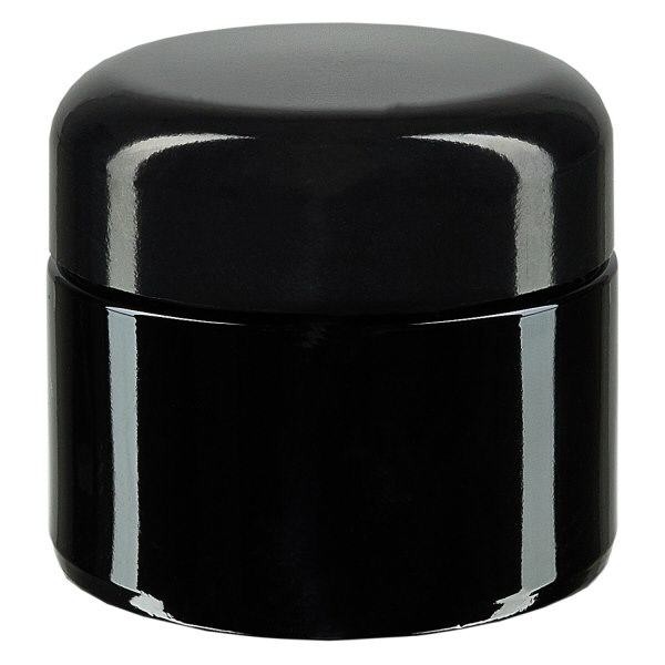 Boîte cosmétique en verre violet 50ml, avec couvercle noir.