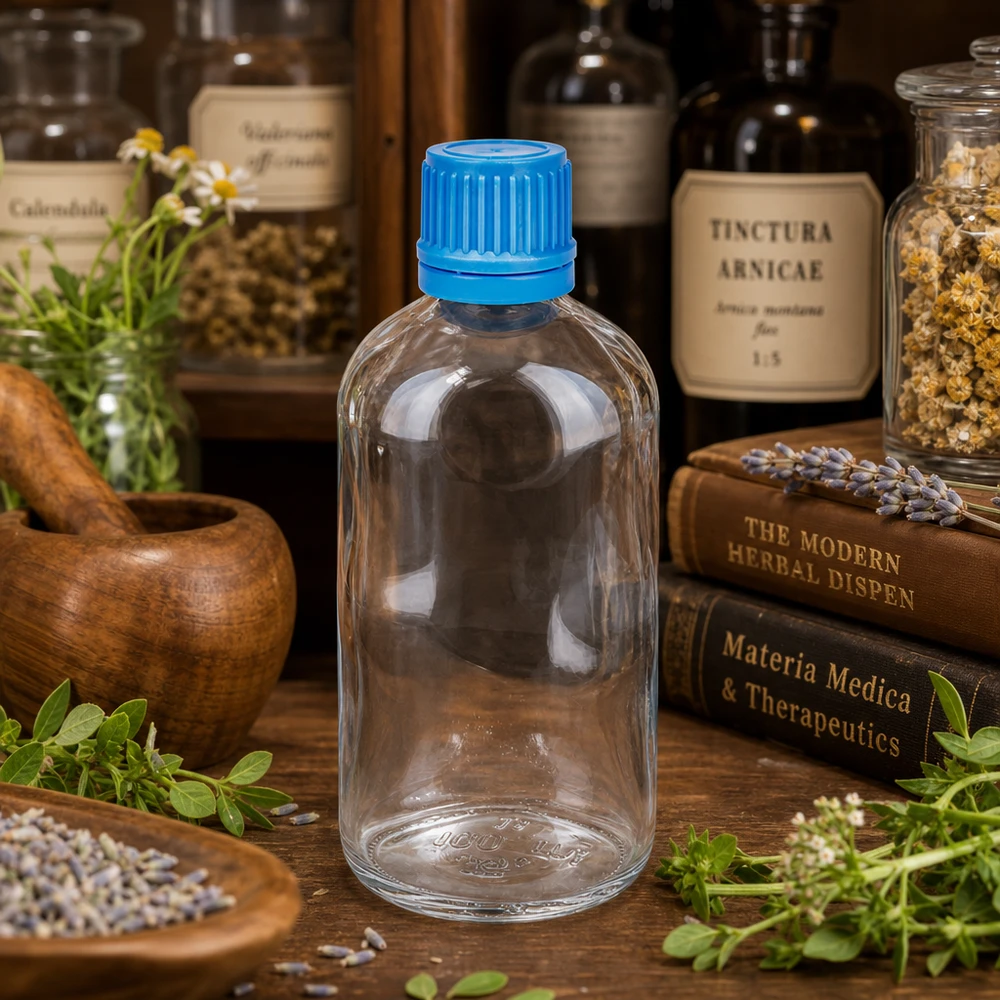 Flacon 100ml 11mm SV bleu OV ClearLine UT18/100 Petit flacon de pharmacie ClearLine UT18 de 100 ml avec bouchon bleu, entre les plantes médicinales et la littérature spécialisée