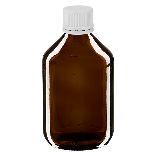 Bouteille à usage médical de 300 ml, marron, avec bouchon blanc d'origine Bouteille à usage médical de 300 ml, marron, avec bouchon blanc d'origine