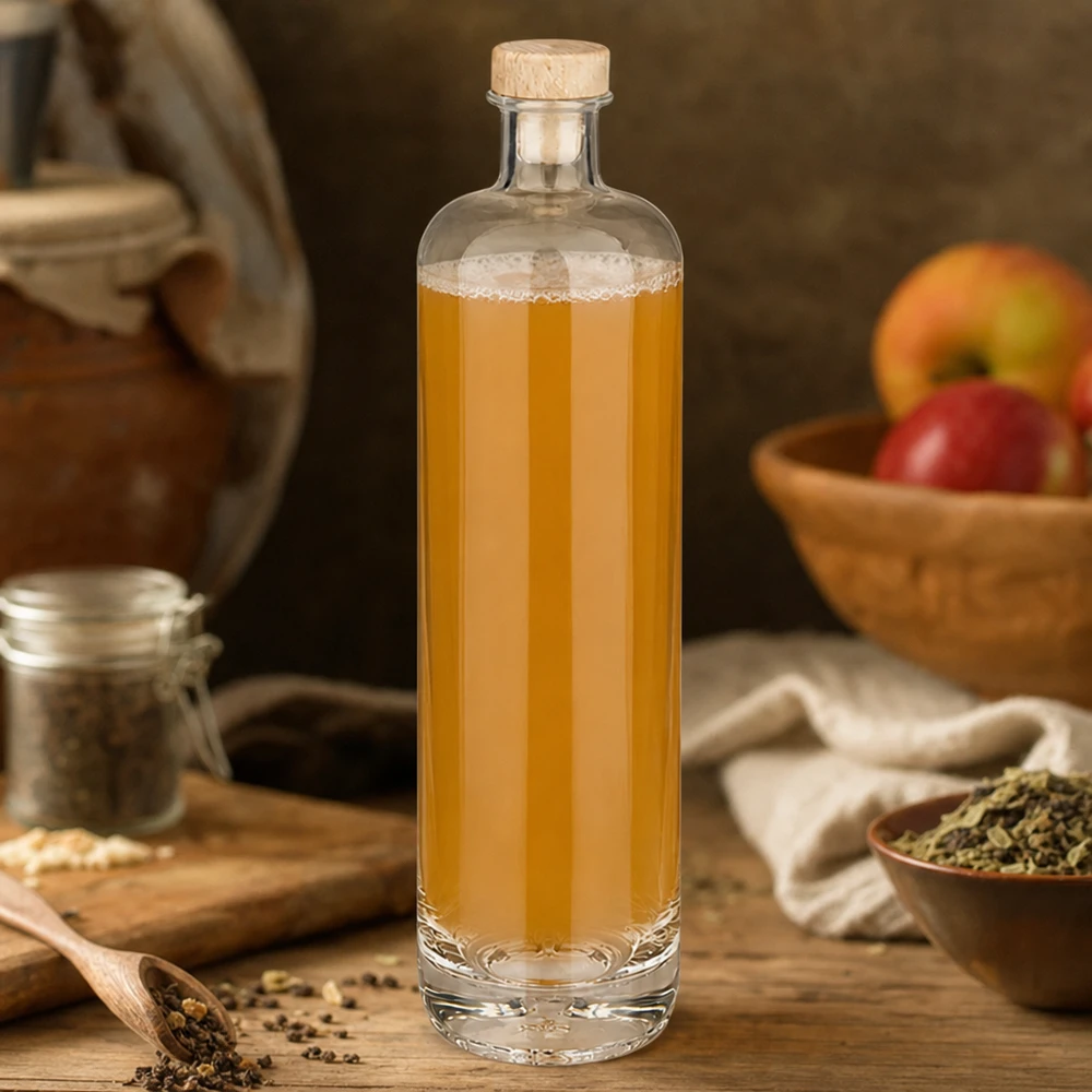 Bouteille en verre Ella de 700 ml avec teinture dorée et bouchon en bois entouré d'épices et de fruits dans une cuisine rustique