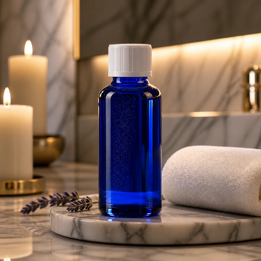 Flacon à pharmacie bleu 30ml bouchon anti-goutte blanc séc. enf. std Petit flacon compte-gouttes bleu de 30 ml en verre anti-UV, muni d'un bouchon KiSi à l'épreuve des enfants, dans une ambiance spa