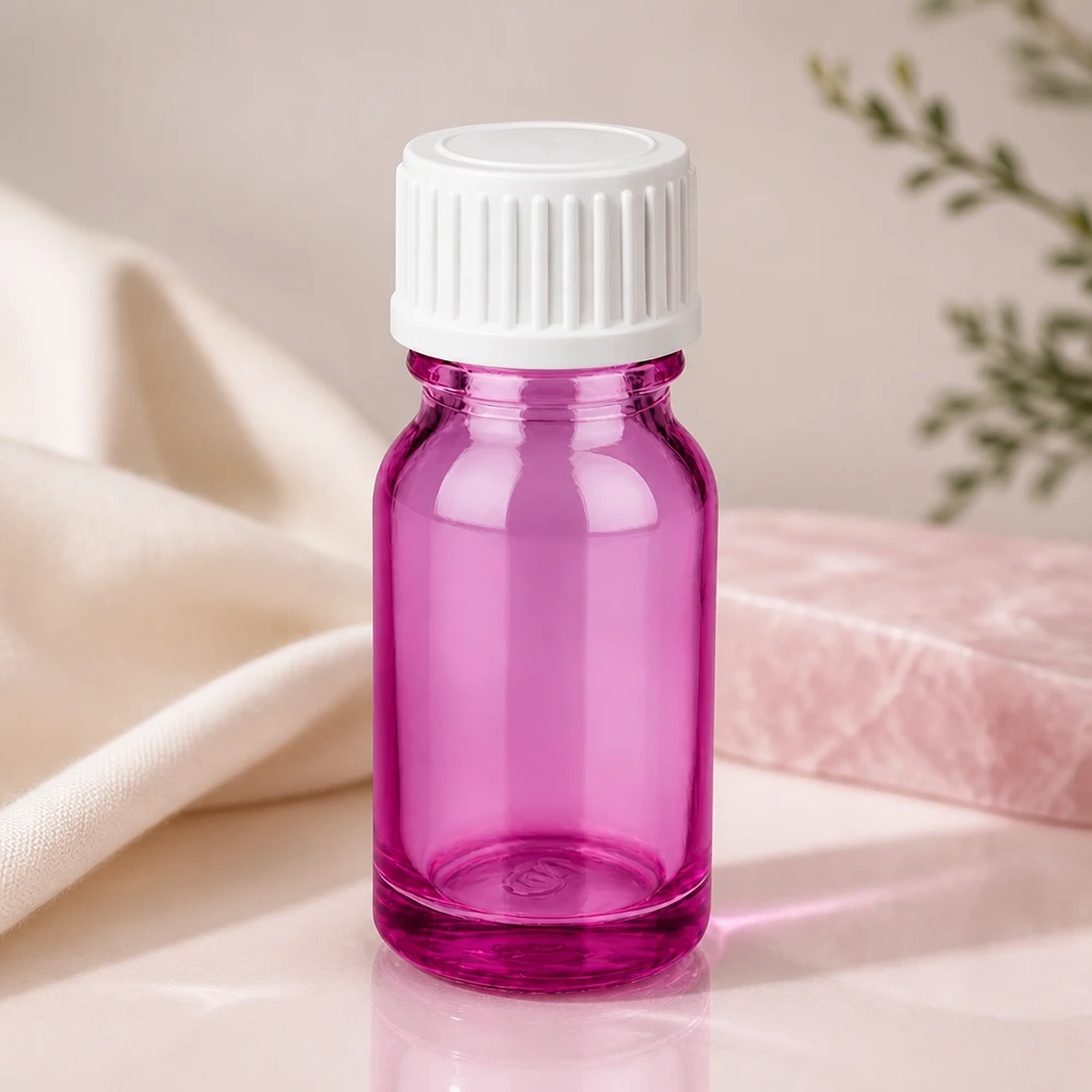 Flacon de 10ml (globules). Bague de coulée 3mm blanc standard PurpleLine. UT18/10 Bouteille en verre rose premium de 10ml avec protection UV grâce au verre teinté pour une protection contre la lumière