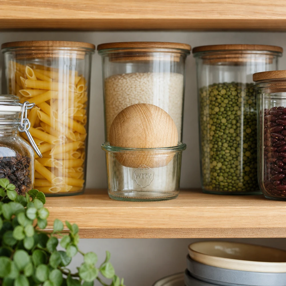 200ml bocal conique WECK RR80 avec boule en bois en hêtre WECK Verre renversé 200ml RR80 avec boule en bois sur l'étagère à provisions entre les pâtes et les légumineuses, organisation élégante de la cuisine