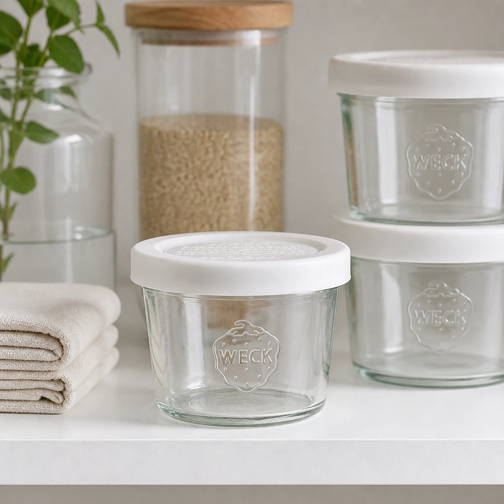 WECK Verre renversé 35ml RR40 dans une étagère de cuisine moderne avec d'autres bocaux à provisions, solution de conservation élégante