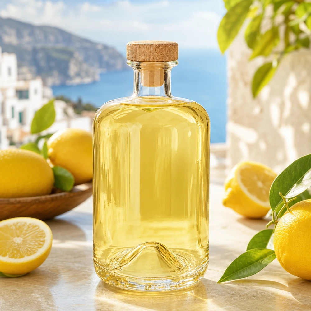 Bouteille en verre Sofia de 700 ml avec bouchon en bois remplie de liqueur de citron jaune dans un décor de côte méditerranéenne avec des citrons