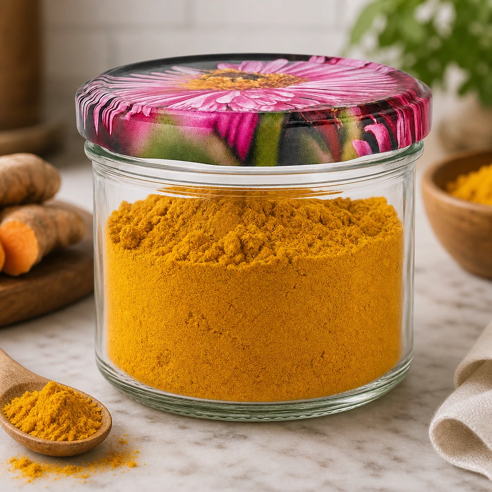 230ml pot cylindrique rempli de poudre de curcuma BasicSeal couvercle rose motif fleur Conservation épices cuisine