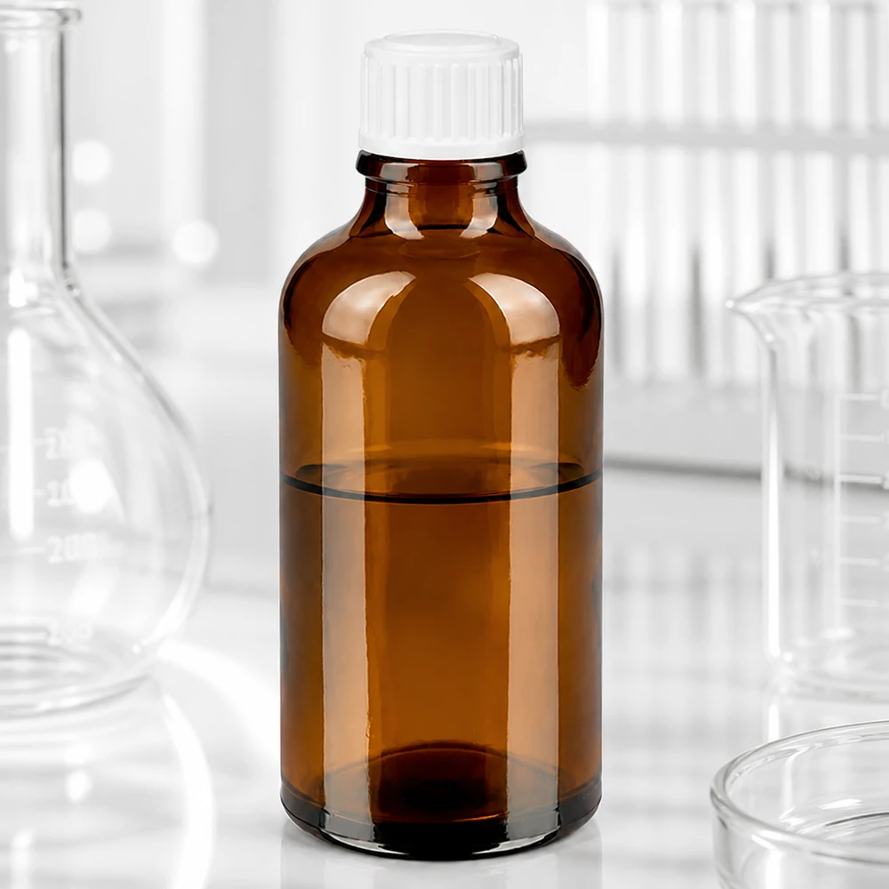 Flacon pharmaceutique de 50 ml en verre ambré, muni d'un bec verseur de précision de 0,9 mm et d'un bouchon STD