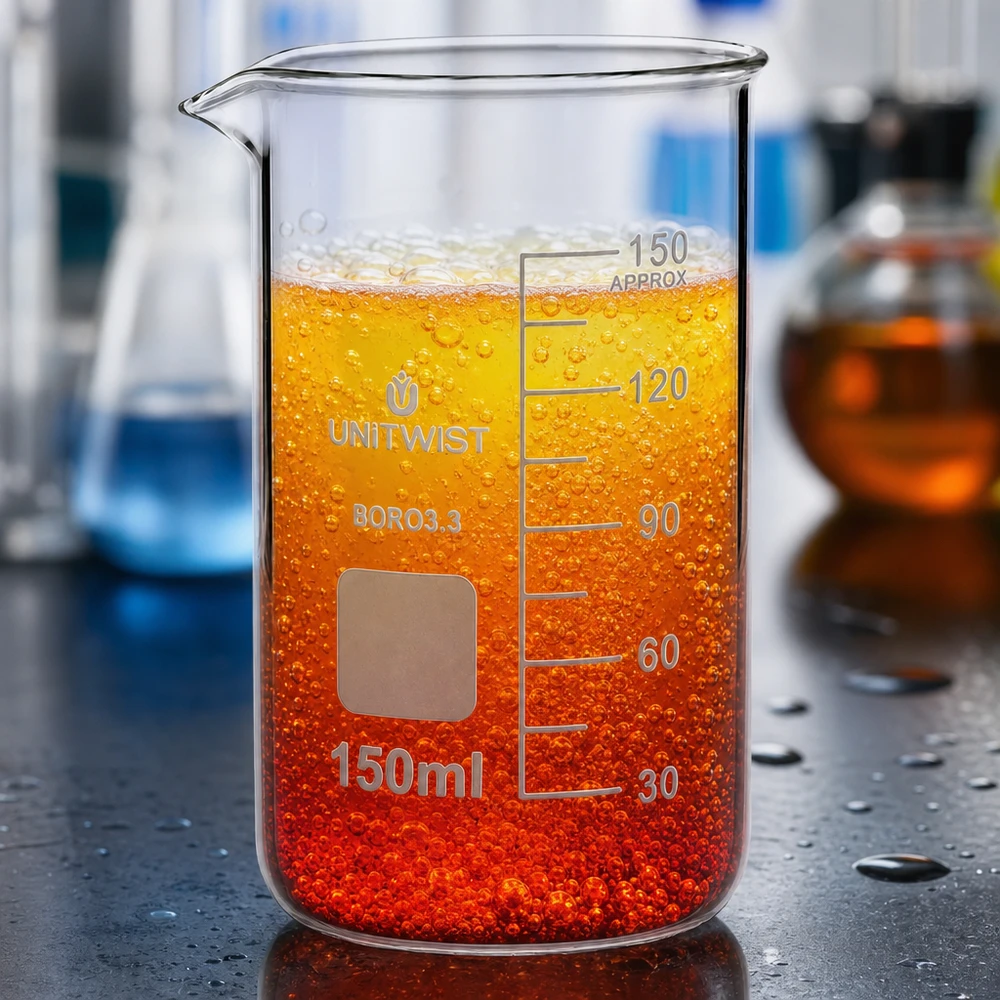 Bécher 150ml borosilicate, forme haute UNITWIST Verre à bec UNITWIST de 150 ml, en verre borosilicaté résistant à la chaleur, contenant une solution mousseuse de couleur jaune orangé