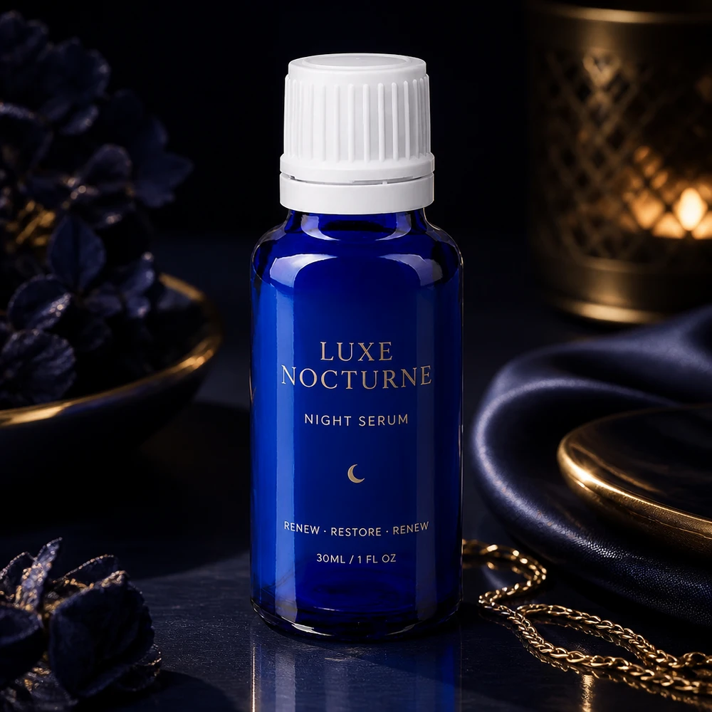 Flacon à pharmacie bleu 20ml bouchon à vis blanc bouchon d'originalité Flacon en verre bleu cobalt muni d'un bouchon OV blanc, posé sur un fond sombre, orné d'un tissu en soie et d'une chaîne dorée