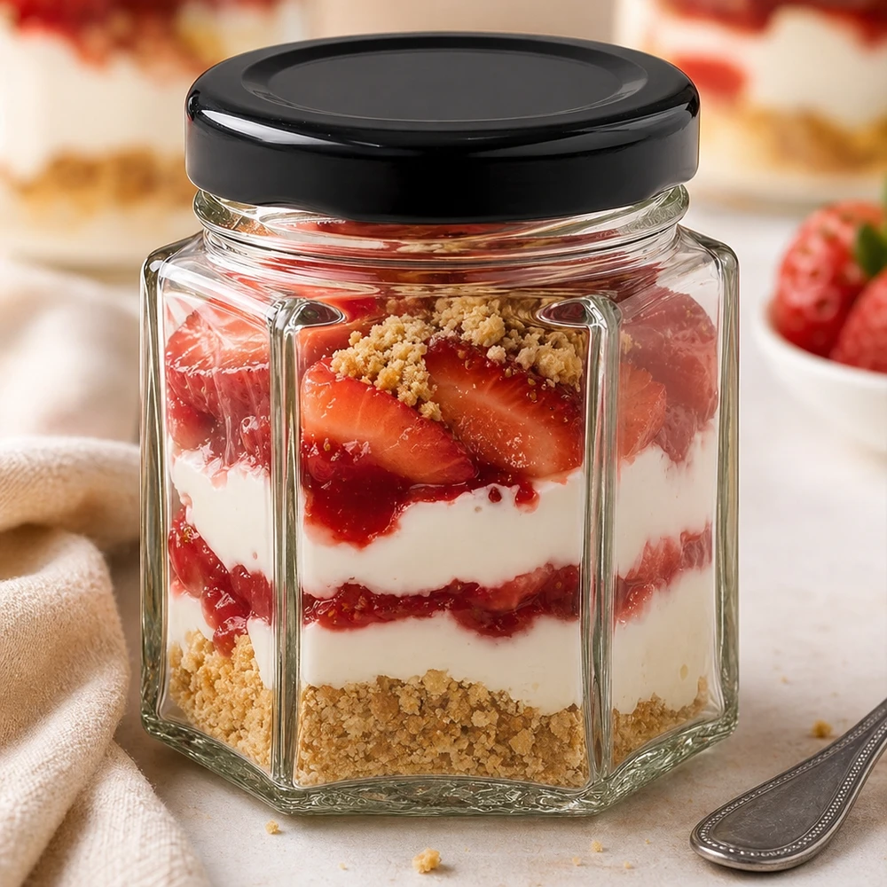 47ml Verre hexagonal avec couvercle BasicSeal noir UNiTWIST Verre hexagonal de 47 ml avec couvercle noir comme verre à dessert avec des couches de fraises, de crème et de miettes de biscuits