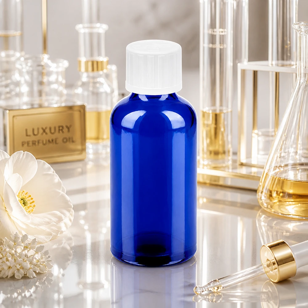 Flacon 50ml 11mm SV f. STD KiSi BlueLine UT18/50 Bouteille en verre pratique de 50 ml au design ergonomique, parfaite pour l'aromathérapie mobile en déplacement.