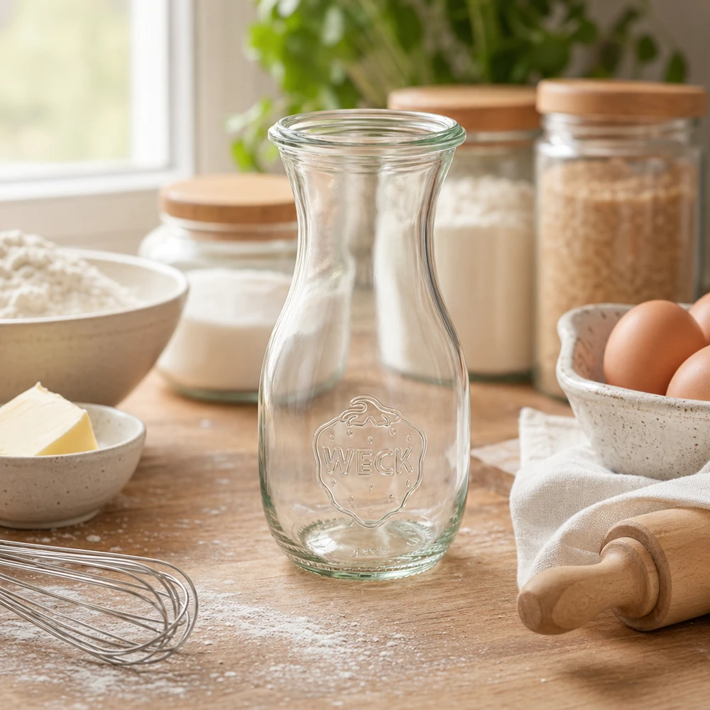 Bouteille de jus WECK 290ml RR60 sur une table en bois entre les ingrédients de cuisson comme les œufs la farine et les ustensiles de cuisine dans une atmosphère chaleureuse