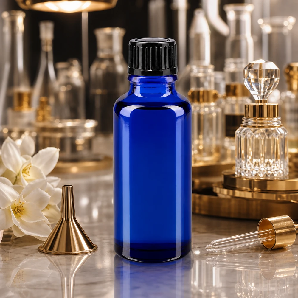 Petit flacon en verre bleu de 30 ml avec bouchon noir, dans un laboratoire de parfumerie professionnel