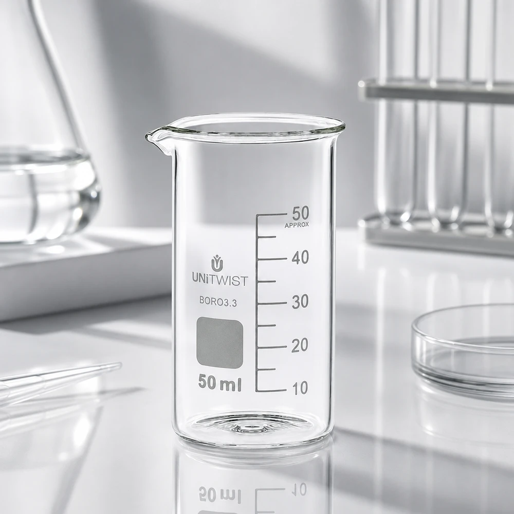 Verre à bec haut de 50 ml en borosilicate UNITWIST, avec zone d'inscription et échelle graduée