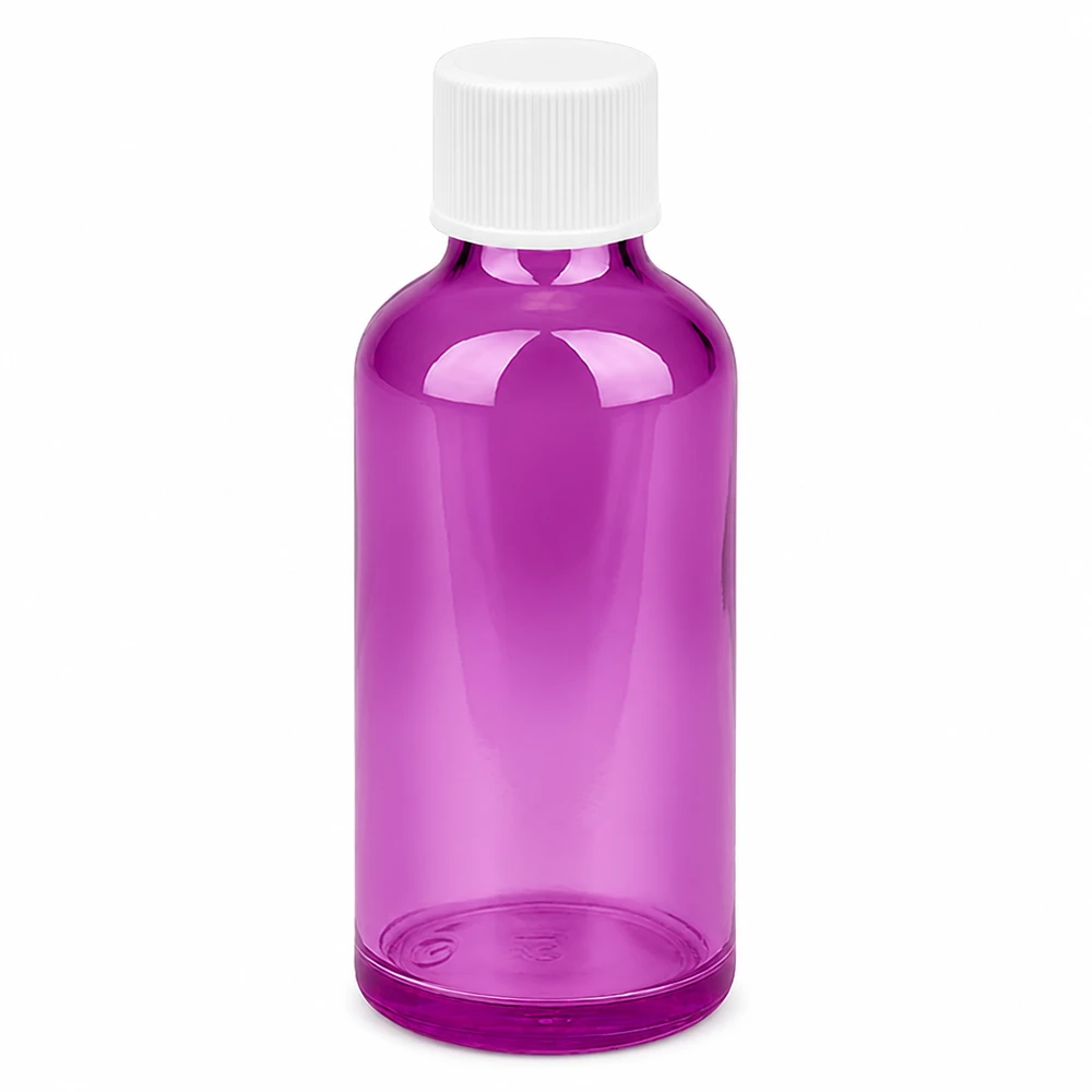 Flacon 50ml bouchon à vis 11mm blanc standard PurpleLine UT18/50 Bouteille PurpleLine de 50 ml en verre violet transparent avec bouchon standard blanc