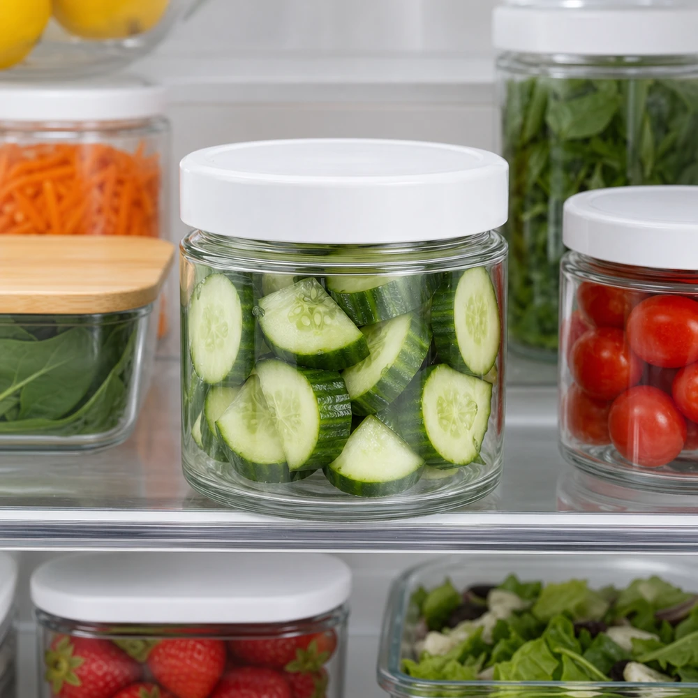 135ml Verre rond avec couvercle BasicSeal blanc UNiTWIST 135ml Bocal rond BasicSeal couvercle blanc Réfrigérateur Meal Prep Concombres coupés Conservation des légumes Conservation de la fraîcheur