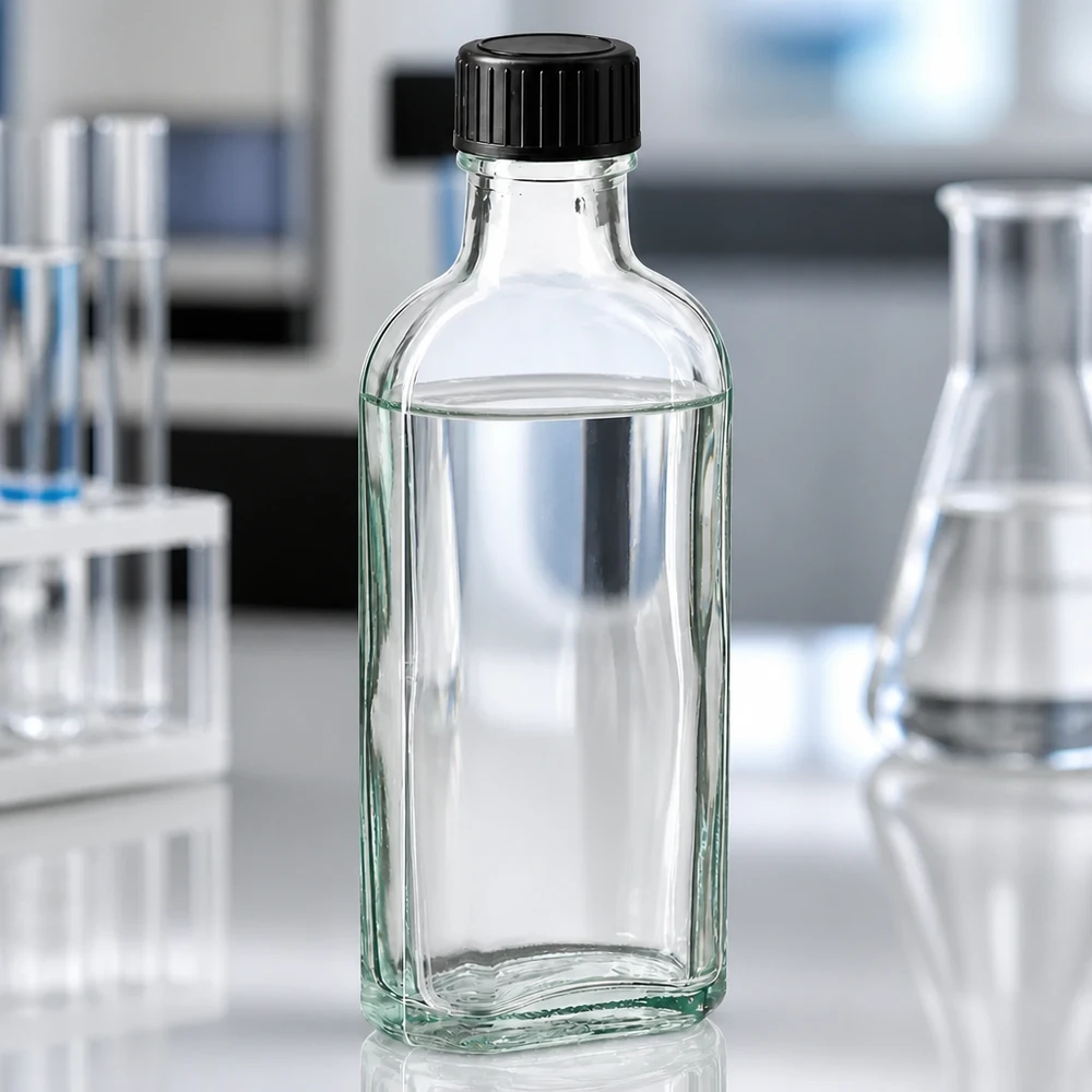 Flacon Meplat de 100 ml en verre transparent avec un bouchon en plastique nervuré, posé sur un plan de travail de laboratoire blanc
