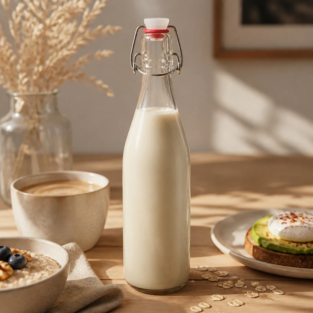 Bouteille en verre de 500 ml + bouchon mécanique PVC UNiTWIST Bouteille en verre de 500 ml avec bouchon à étrier remplie de lait d'avoine ambiance chaude pour le petit-déjeuner lait végétal substitut de lait