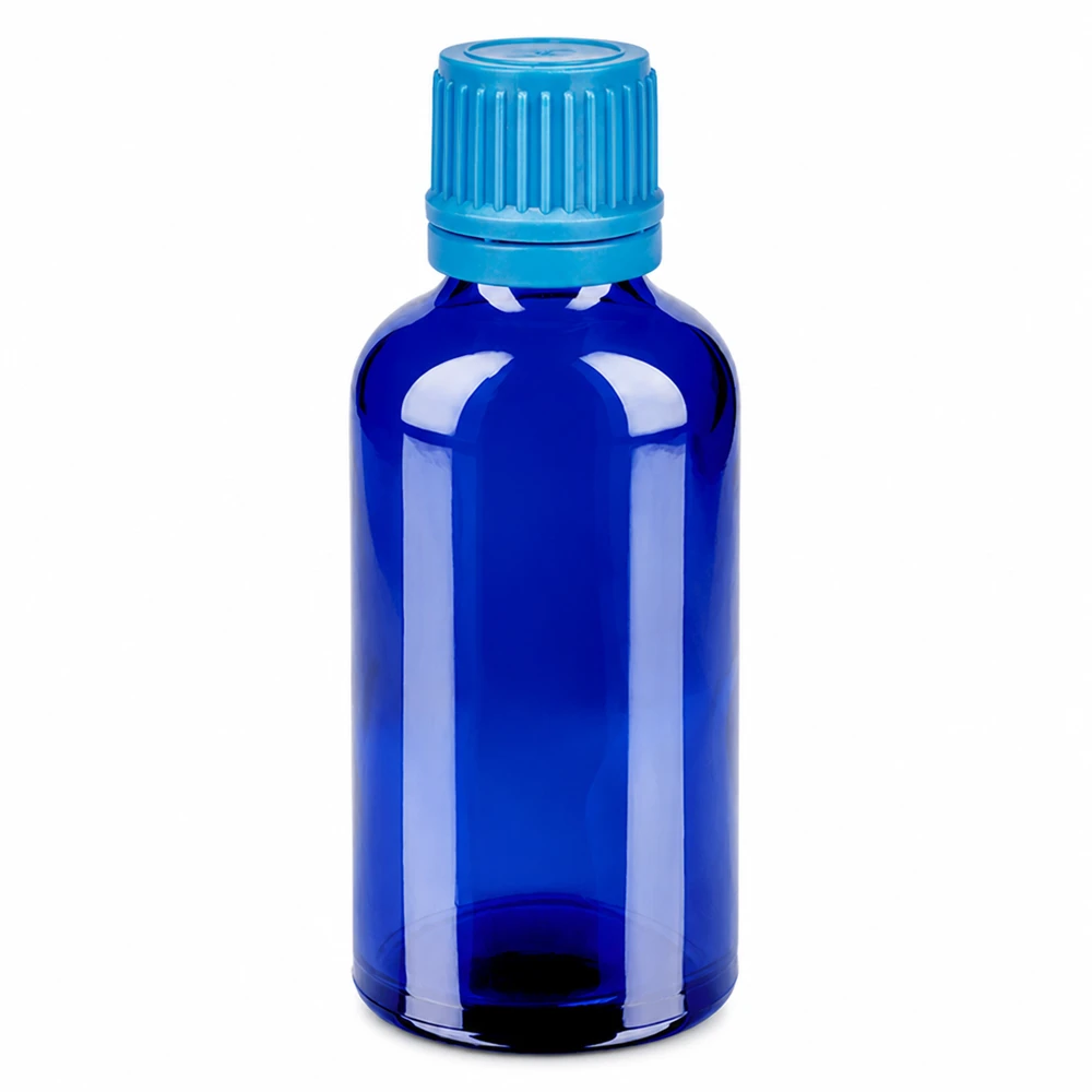 Flacon 50ml 11mm SV bleu OV BlueLine UT18/50 Flacon en verre bleu de haute qualité 50ml avec bouchon de sécurité pour enfants pour la pharmacie