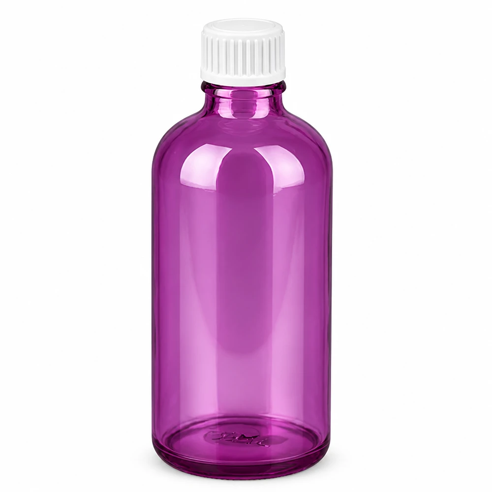Flacon 100ml (globules) 3mm bague de coulée blanche standard PurpleLine. UT18/100 Bouteille en verre Purple de 100ml de forme ronde avec filetage UT18 pour un stockage sûr