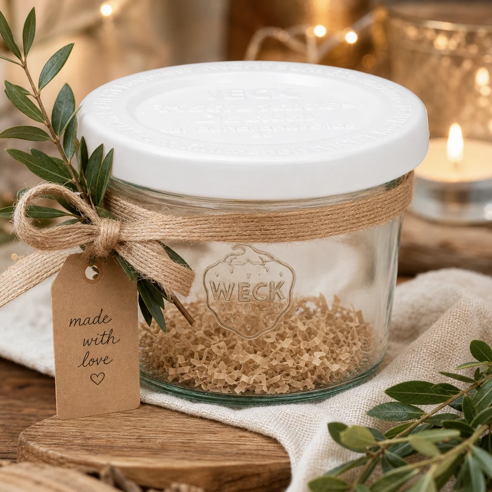 Bocal en verre de 80 ml avec couvercle hermétique WECK RR60 WECK Pot renversé de 80 ml RR60 arrangé de manière décorative avec une étiquette cadeau en jute et des branches d'olivier sur un bois rustique