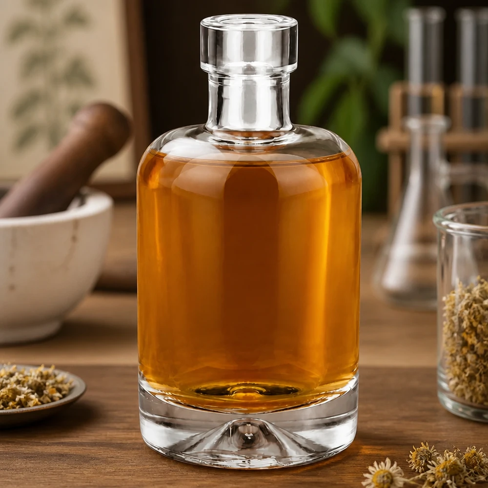 Flacon en verre 50 ml « 50ml Glasflasche "Amelie" ohne Verschluss UNiTWIST » sans bouchon UNiTWIST® Bouteille en verre Amelie de 50 ml remplie d'un élixir d'herbes ambré sur une table en bois décorée de camomille et d'épices