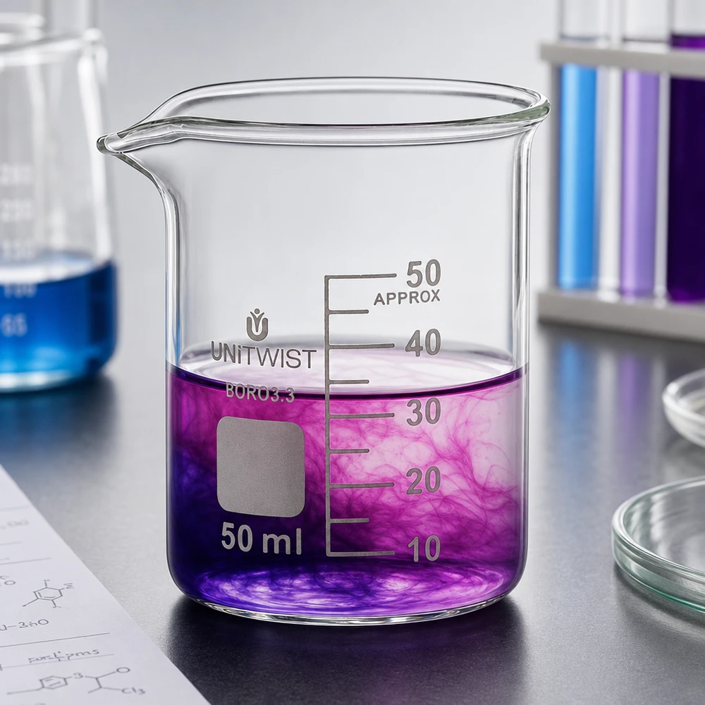 Bécher 50ml borosilicate, forme basse UNiTWIST Bécher de laboratoire de chimie de 50 ml, forme basse, marque UNiTWIST, contenant un colorant violet en solution