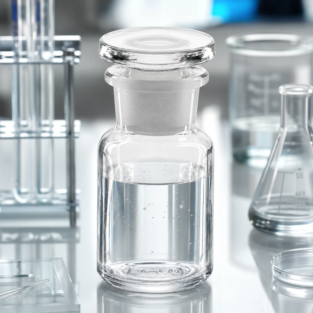 Flacon pharmaceutique 50 ml col large + bouchon verre clair Flacon de pharmacie transparent de 50 ml à col large avec bouchon en verre, à côté d'une boîte de Pétri et d'un ballon d'Erlenmeyer