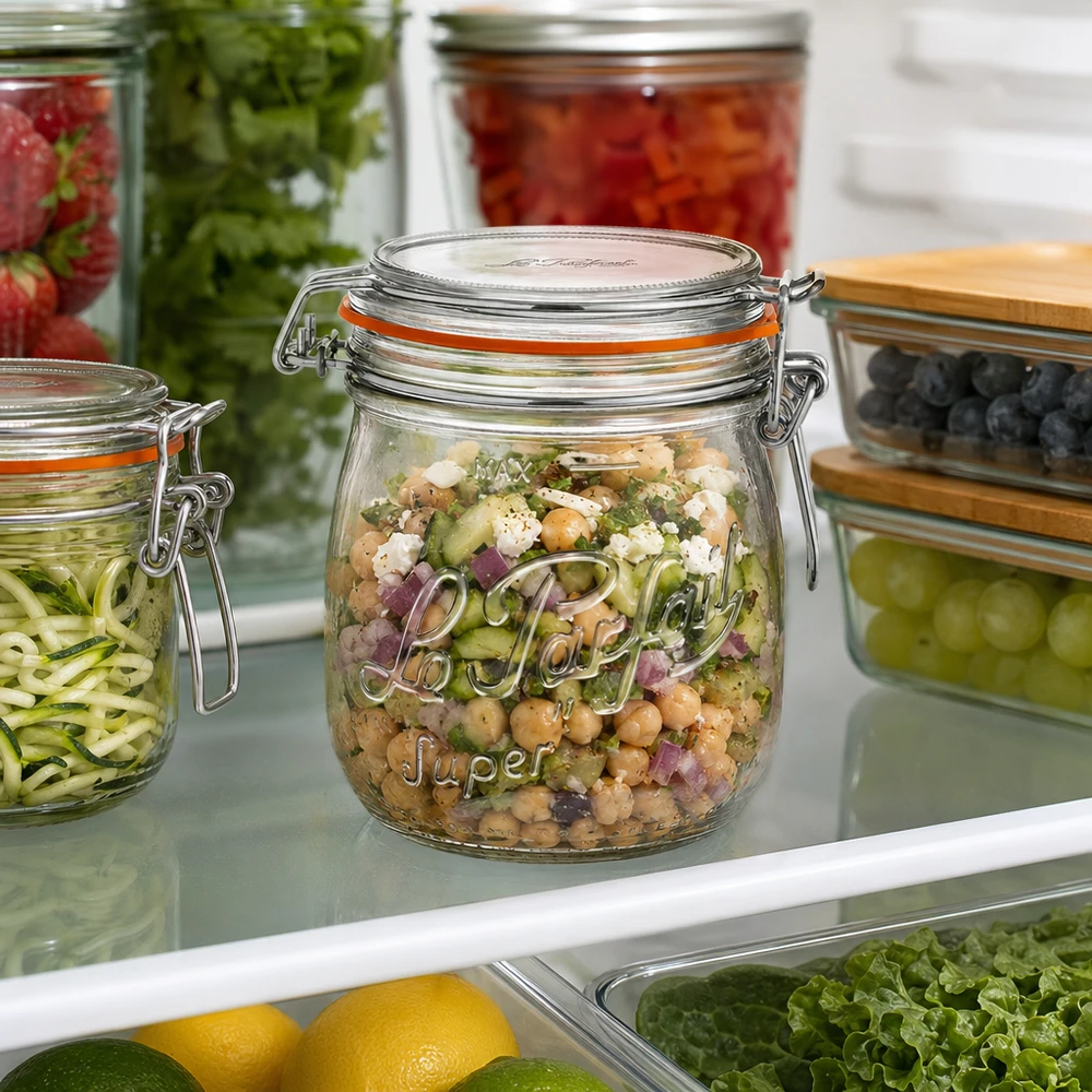 750ml Le Parfait Pot de réserve Super avec fermeture à étrier rempli de salade de pois chiches au réfrigérateur