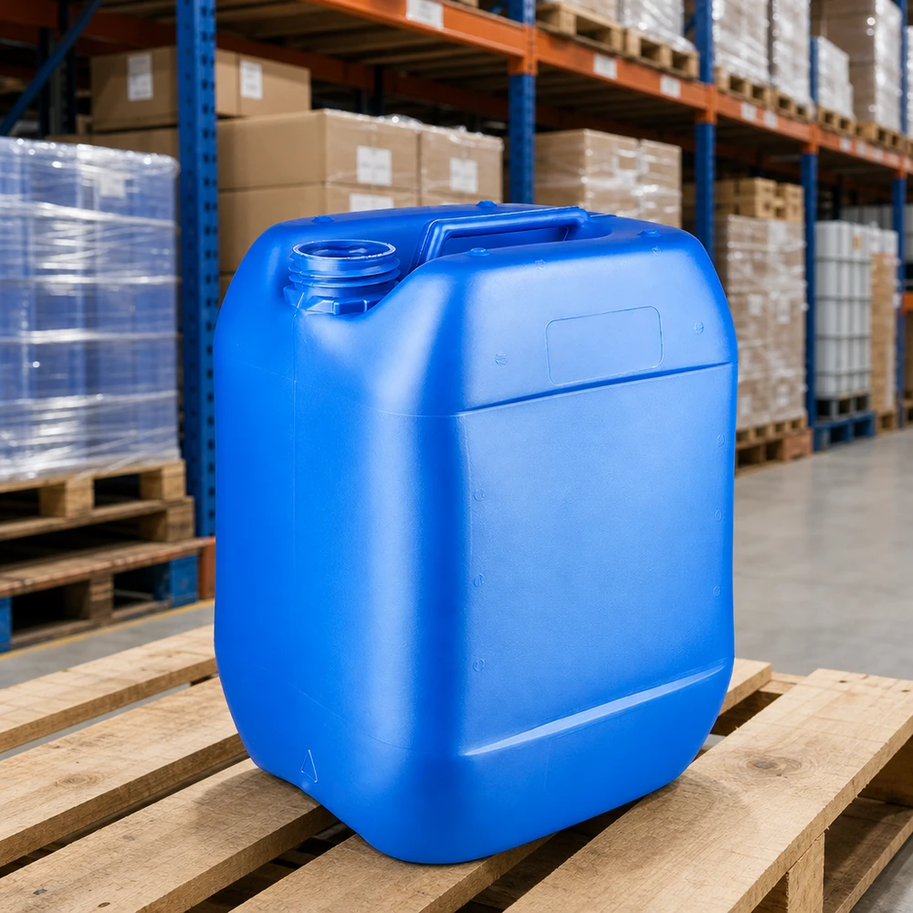 Bidon vide en PEHD de 10 litres, bleu, sans couvercle, dans un grand entrepôt équipé de rayonnages