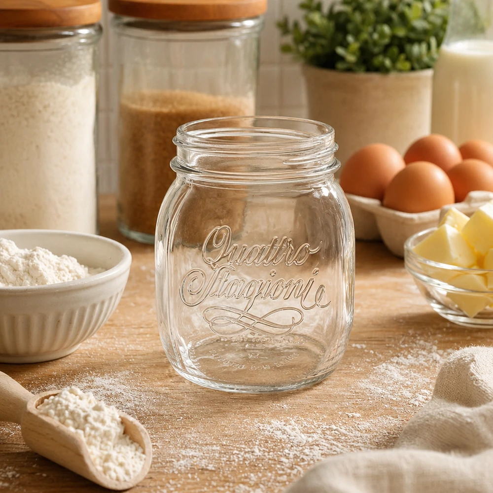 700ml Quattro Stagioni verre de ménage vide sur table en bois entouré d'ingrédients de boulangerie farine oeufs et beurre dans la cuisine