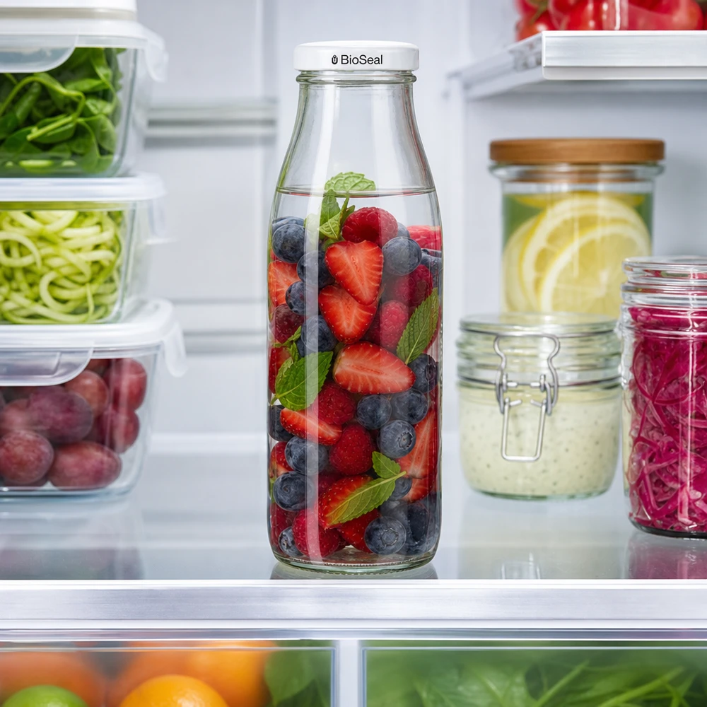 500ml Bouteille avec couvercle BioSeal blanc UNiTWIST Bouteille en verre de 500 ml avec couvercle BioSeal au réfrigérateur, remplie de baies et de menthe, à côté des récipients Meal Prep