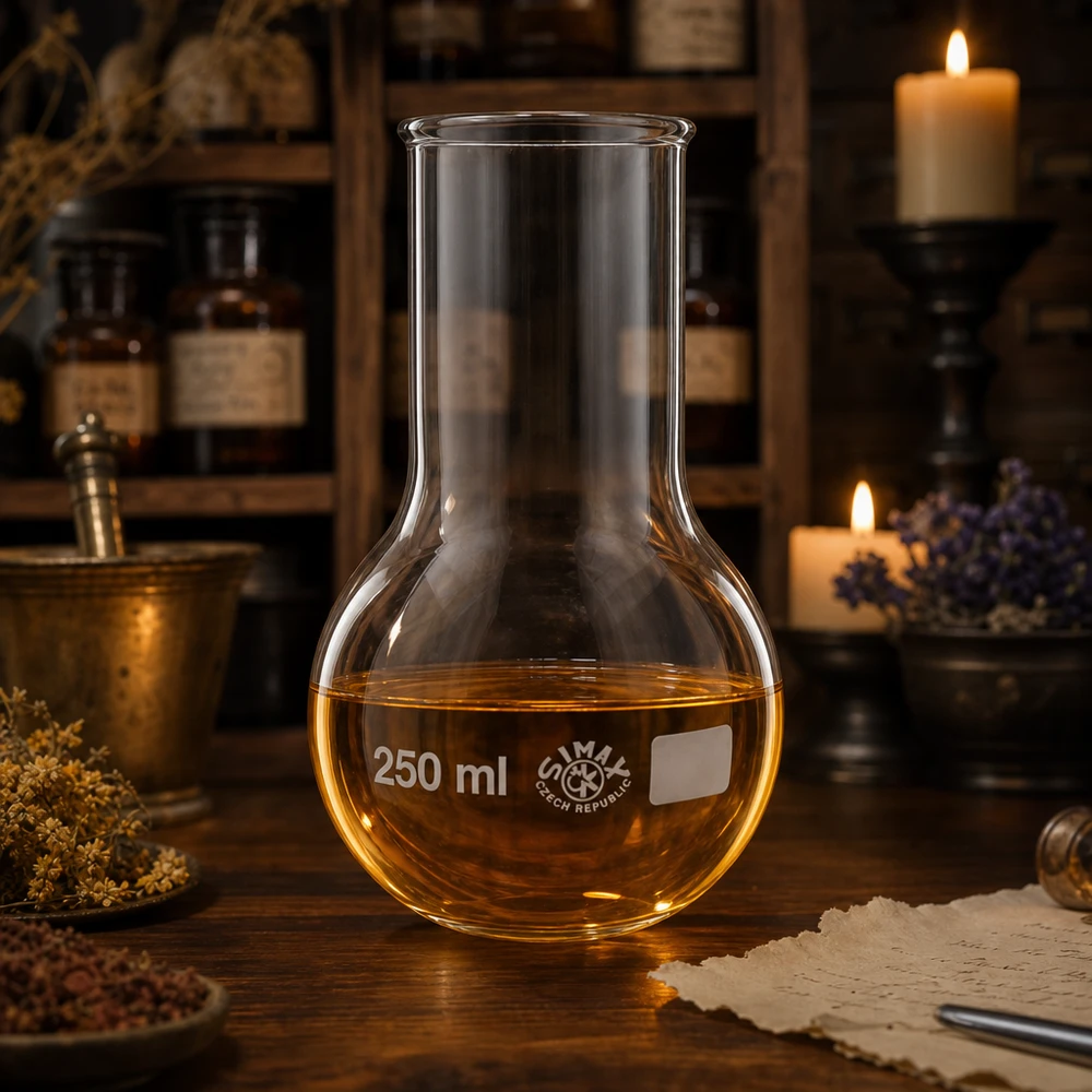 Ballon à fond plat 250 ml à col large, en verre borosilicate avec bord renforcé Ballon rond à col large de 250 ml avec éclairage chaleureux et équipement de laboratoire traditionnel en arrière-plan