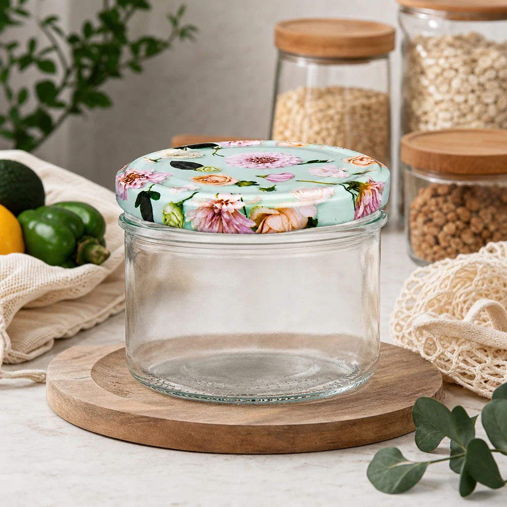 Pot cylindrique de 230 ml + couvercle BasicSeal en forme de fleur de menthe Bocal à provisions 230ml avec couvercle à fleurs menthe dans Cuisine - Bocal de conservation sur planche en bois à côté des bocaux à céréales