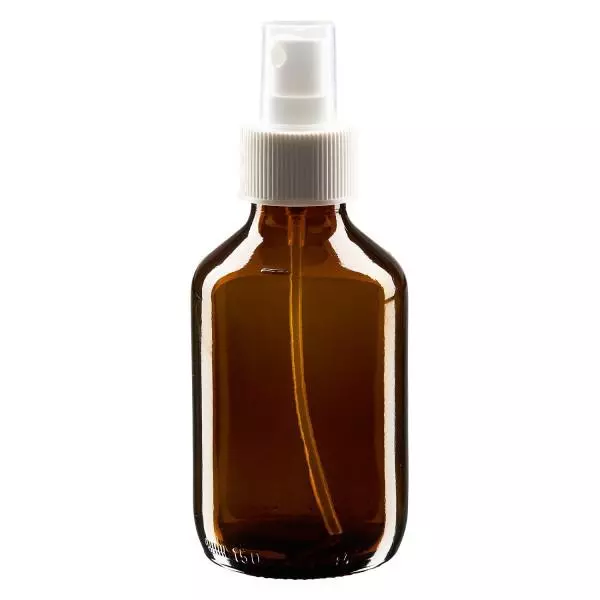 Flacon médical norme européenne de 150 ml avec spray blanc GCMI 28/410 et couvercle transparent, standard Flacon médical norme européenne de 150 ml avec spray blanc GCMI 28/410 et couvercle transparent, standard