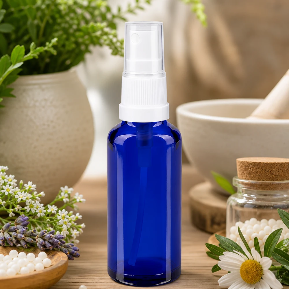 Flacon de pharmacie bleu 30ml embout spray blanc Petit flacon vaporisateur en verre de pharmacie de 30 ml, bleu cobalt, avec embout vaporisateur transparent, destiné aux cosmétiques naturels