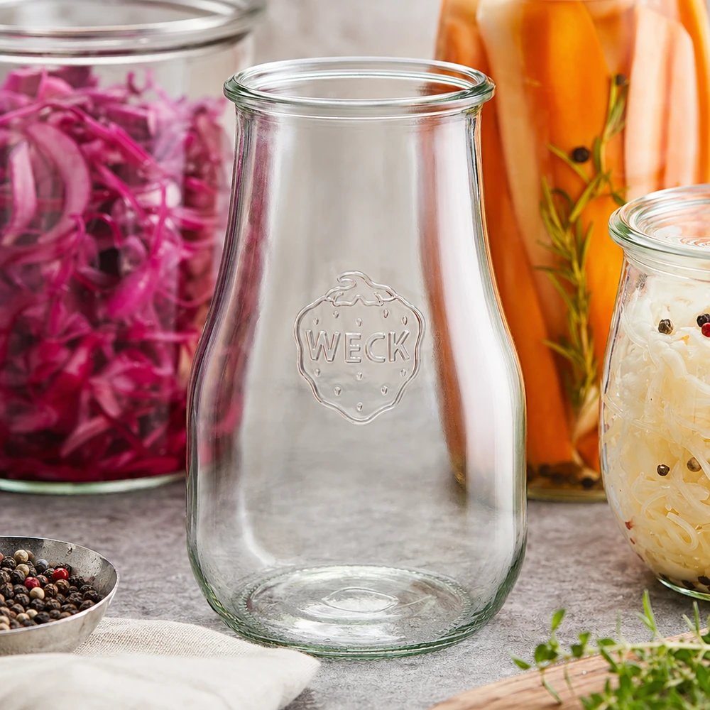 WECK Pot tulipe 2700ml RR100 vide avec logo en relief entre les bocaux colorés de légumes fermentés et d'épices