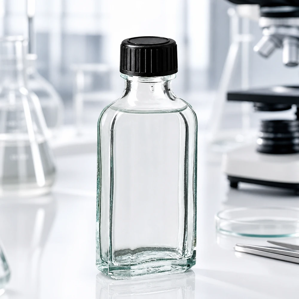 Flasque transparente de 50 ml au goulot DIN 22, avec bouchon à vis DIN 22 noir et joint PEE Flacon rectangulaire en verre transparent de 50 ml, muni d'un bouchon à vis en EPE étanche