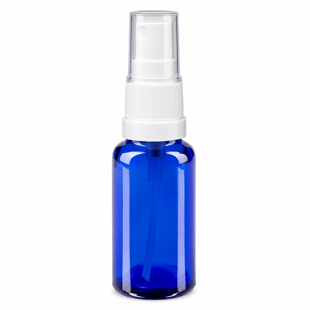 Petit flacon de pharmacie bleu de 20 ml en verre anti-UV, muni d'un vaporisateur blanc STD