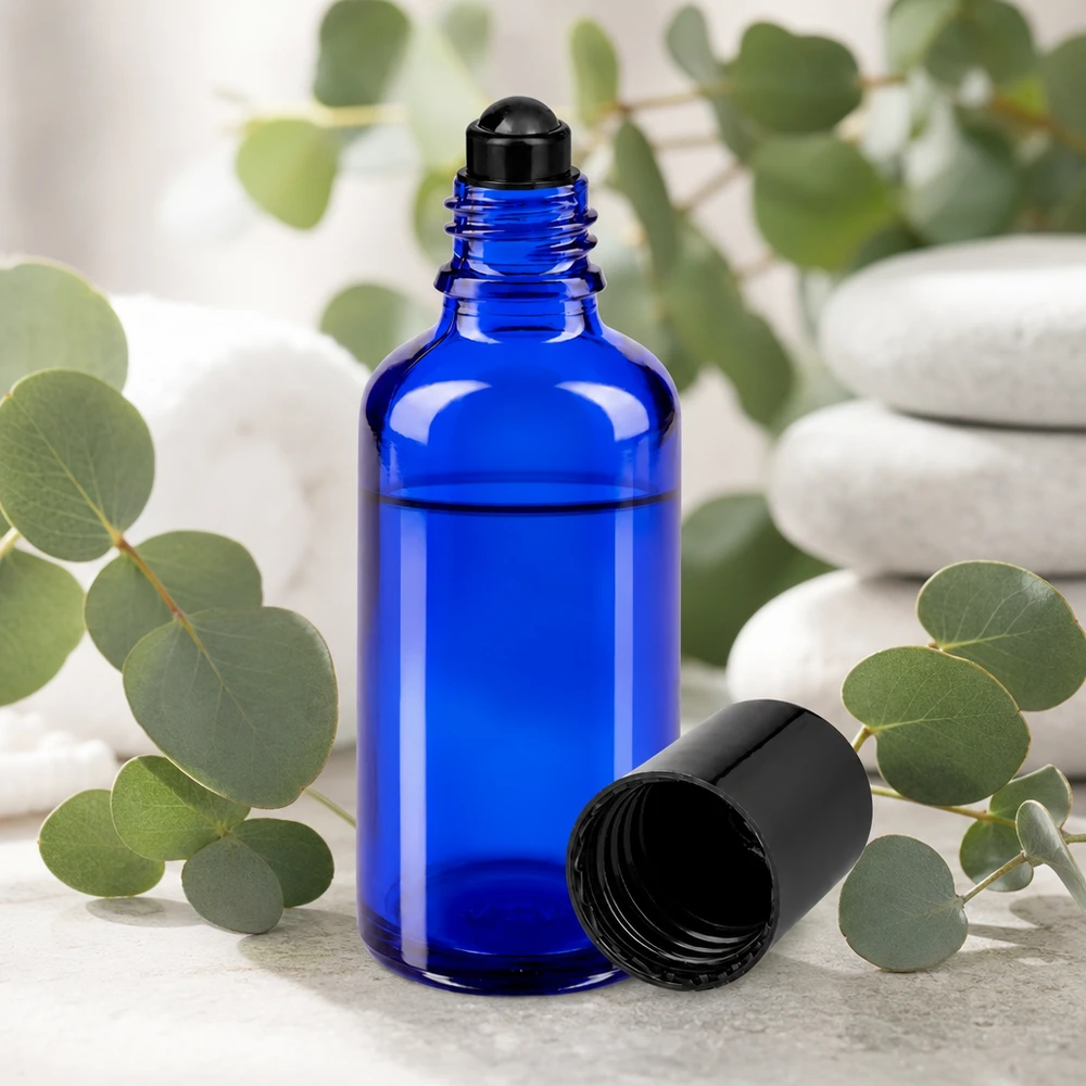 Flacon en verre rechargeable de 50 ml, bleu, avec bouchon à bille noir, pour parfum et sérum