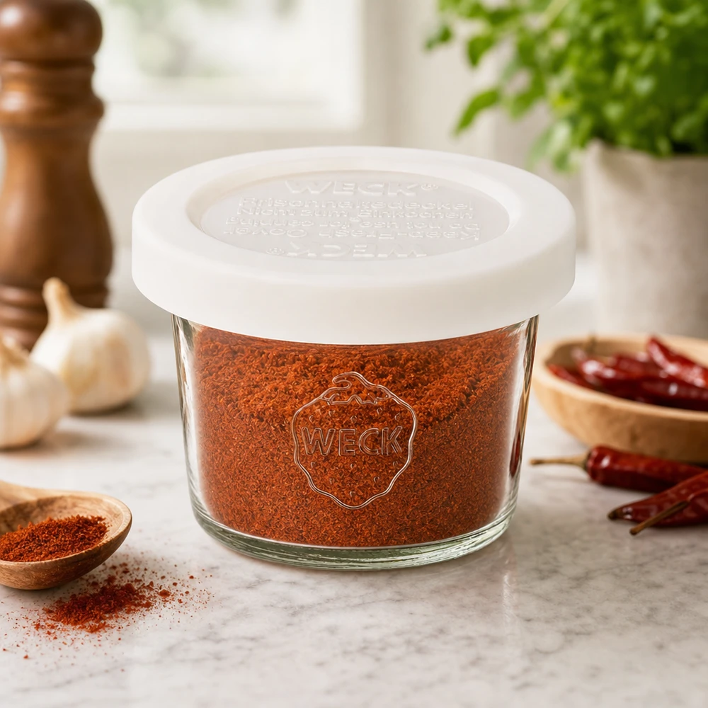 35ml bocal conique avec couvercle fraîcheur WECK RR40 WECK Pot renversé 35ml RR40 rempli de paprika en poudre dans Ambiance cuisine avec épices et ail, conservation des épices