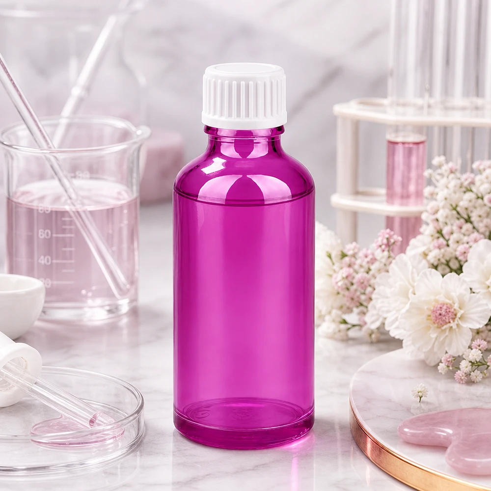 Flacon 50ml (globules) 3mm bague de coulée blanche standard PurpleLine. UT18/50 Bouteille de pharmacie de 50 ml en verre violet avec bouchon de sécurité pour les enfants pour une conservation en toute sécurité