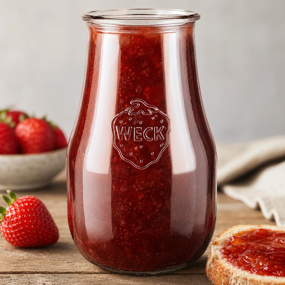 WECK Pot tulipe 2700ml RR100 rempli de confiture de fraises sur fond bois à côté de fraises fraîches et d'une tranche de pain