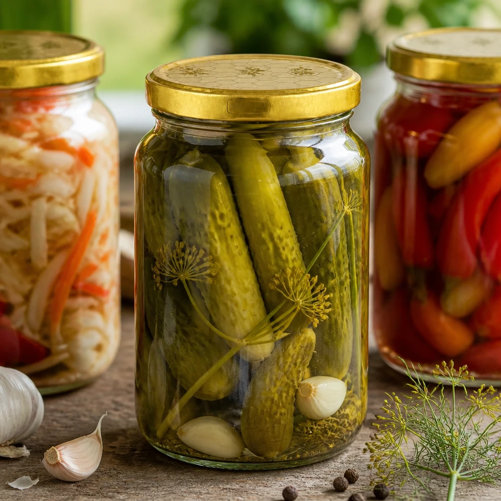 Pot rond de 795ml avec couvercle doré pour les conserves - cornichons, choucroute et mixed pickles en pots de conservation