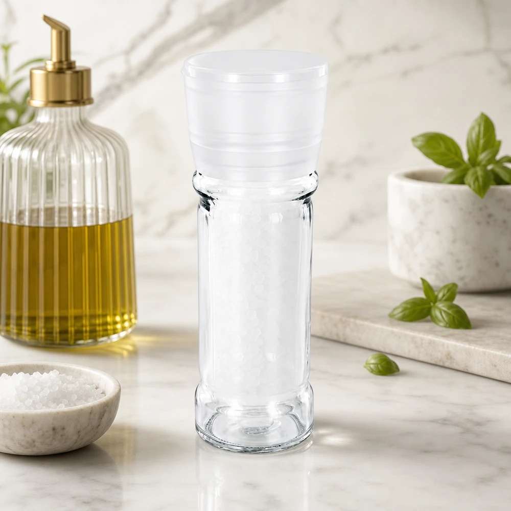 Pot à sel/épices 100 ml avec moulin Vario blanc Pot à épices transparent avec moulin, à côté de l'huile d'olive, du basilic frais et du gros sel marin