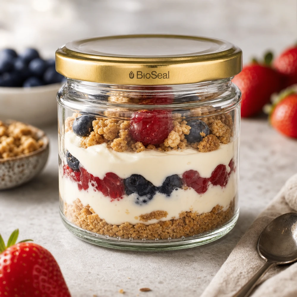 UNiTWIST Verre rond 212ml avec couvercle TO66 BioSeal doré comme verre à dessert avec des couches de yaourt aux baies